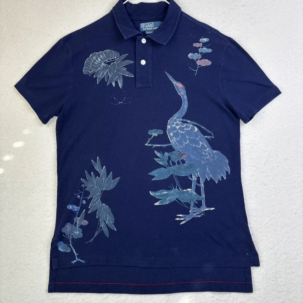Polo Ralph Lauren Crane Print Distressed Polo Shirt Men's M abstract preppy